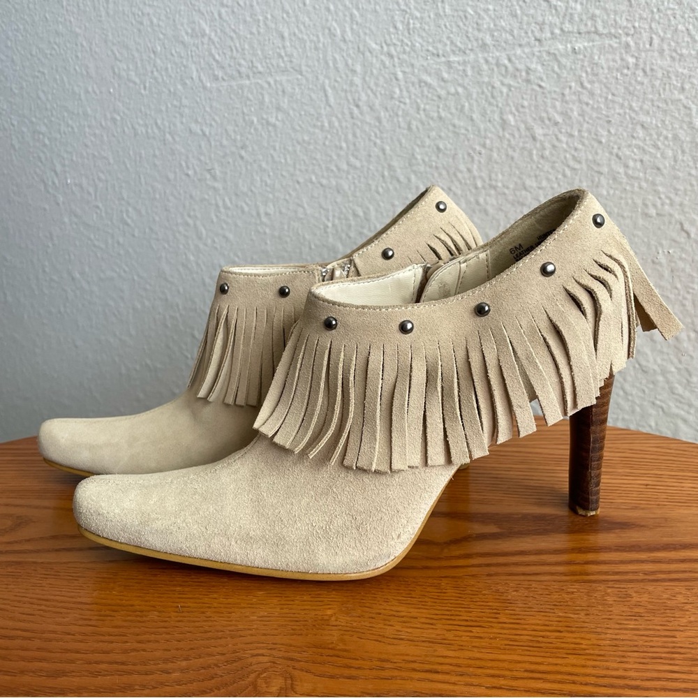 Y2K Pointed Toe Studded Suede Leather Fringe Ankle Heels